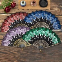 1pc Women's Butterfly Shaped Embroidered Fan With Plastic Ribs, Gold Poweder & Suitable For Travel, Sun Protection & Party Use - Blue - View 2