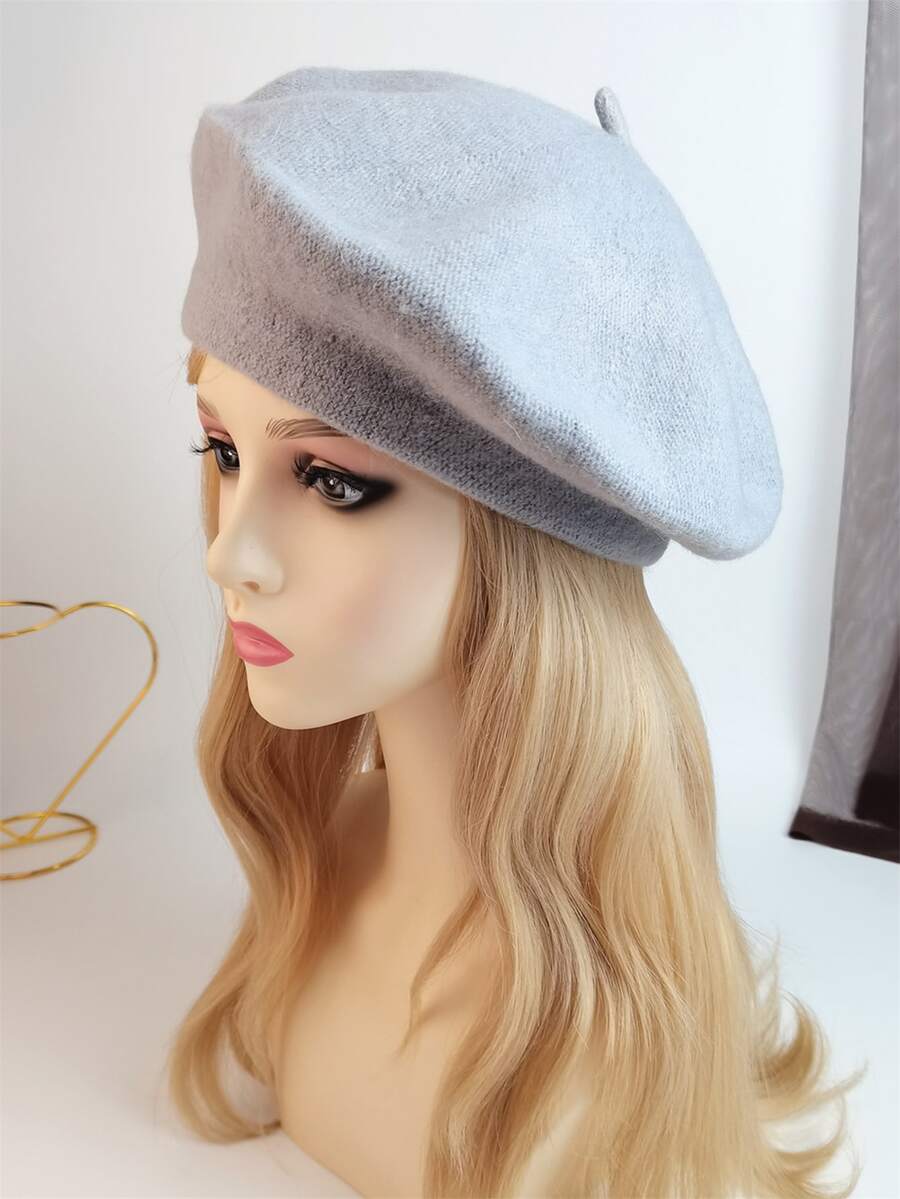 1入女士時尚針織貝雷帽和畫家帽，適合秋冬季節，純色復古風格日常休閒 - 灰色 - 查看 1