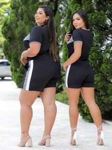 Conjunto feminino Plus Size Short e Blusa Manga Curta G1 G2 G3 Moda Verão Bloguerinha Malha Crepe Elastano Short Feminino Blusa Feminina Roupa Feminina Plus Size Para Gordinhas Tamanho Grande - Cinza - Visão 3