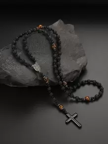 1 件復古風格黑色串珠火山岩和虎眼石合金十字架吊墜項鍊,適合男士日常佩戴 - 黑色 - 查看 1