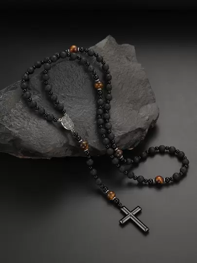 1 st. Vintage Stilar Svart Pärlor Vulkanisk Rock & Ögon Sten Legering Kors Hänge Halsband , Lämplig För Herr Dagligt slitage