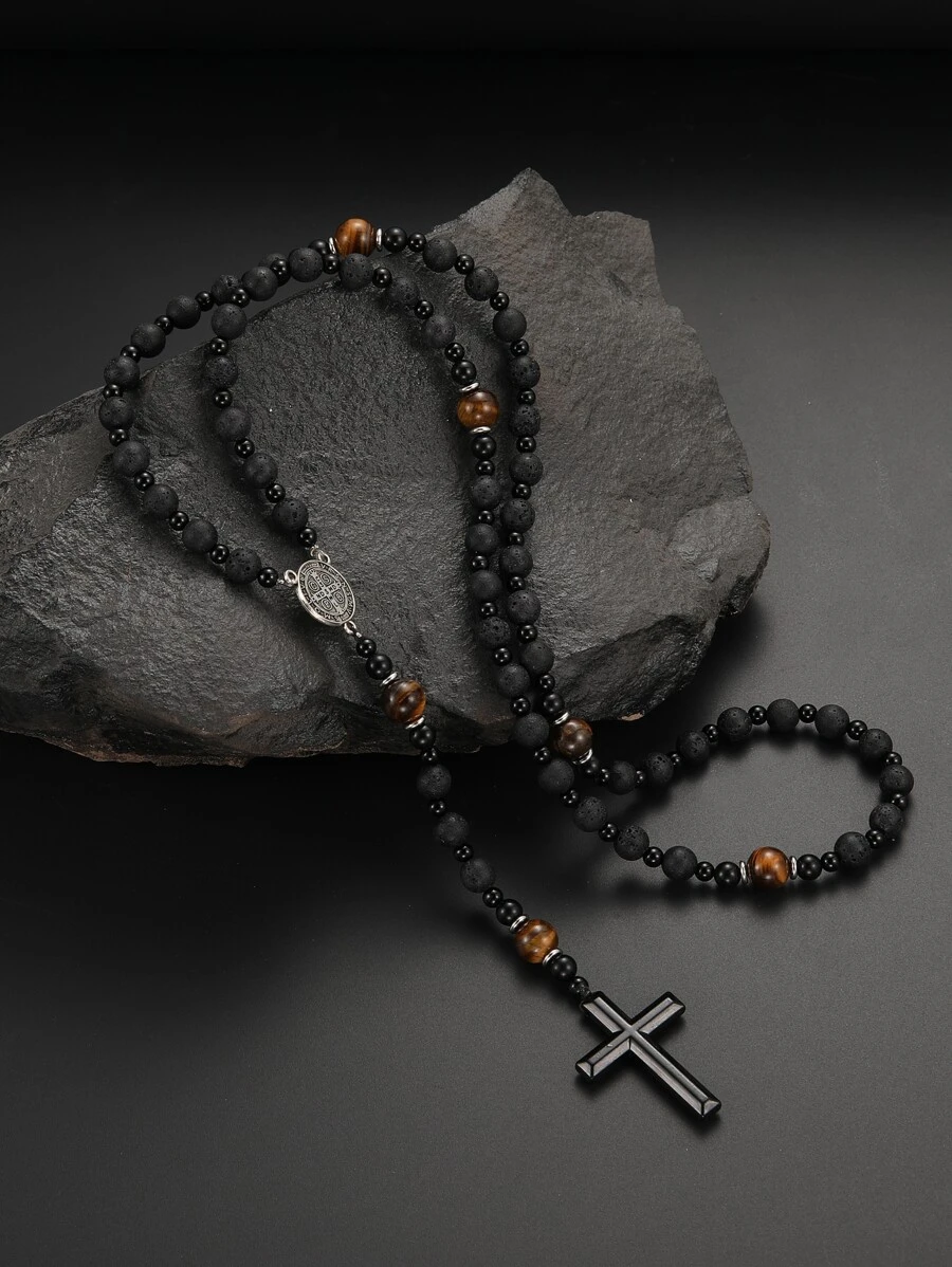 1 件復古風格黑色串珠火山岩和虎眼石合金十字架吊墜項鍊,適合男士日常佩戴 - 黑色 - 查看 1