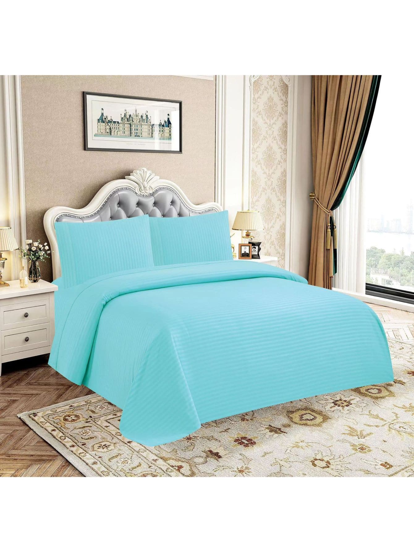 Sheet Set For Single, Double, Queen And King Size Bed + 2 Pillowcases - 薄荷藍 - 查看 1