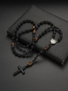 1 件復古風格黑色串珠火山岩和虎眼石合金十字架吊墜項鍊,適合男士日常佩戴 - 黑色 - 查看 2