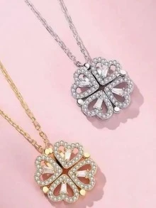Colar prata com pingente 2 em 1 trevo e coração vazado pedras cravejadas micro zircônias transparentes semijoia de luxo fecho lagosta com extensor Produto com nota fiscal Mimo em todos os pacotes
