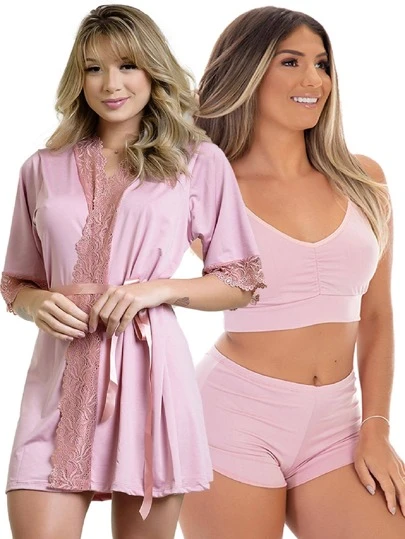 Kit Top Doll Pijama mais Robe Kimono Microfibra e Renda | 834.850