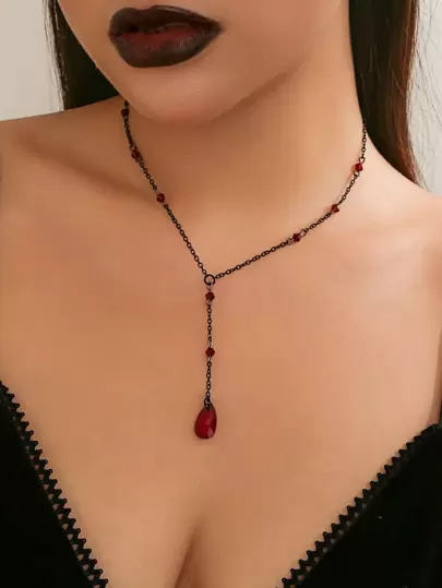 1pc Fashionable & Luxurious Red Artificial Crystal Pendant Necklace With Alloy Chain, Gothic Style, Suitable For Men And Women, Perfect For Christmas Party And Daily Wear, Great Gift Choice