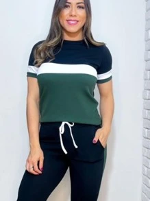 Women's Crepe Knit Set, Short Sleeve Babylook Blouse And Jogger Pants With Pockets - xanh quân đội - Xem 1