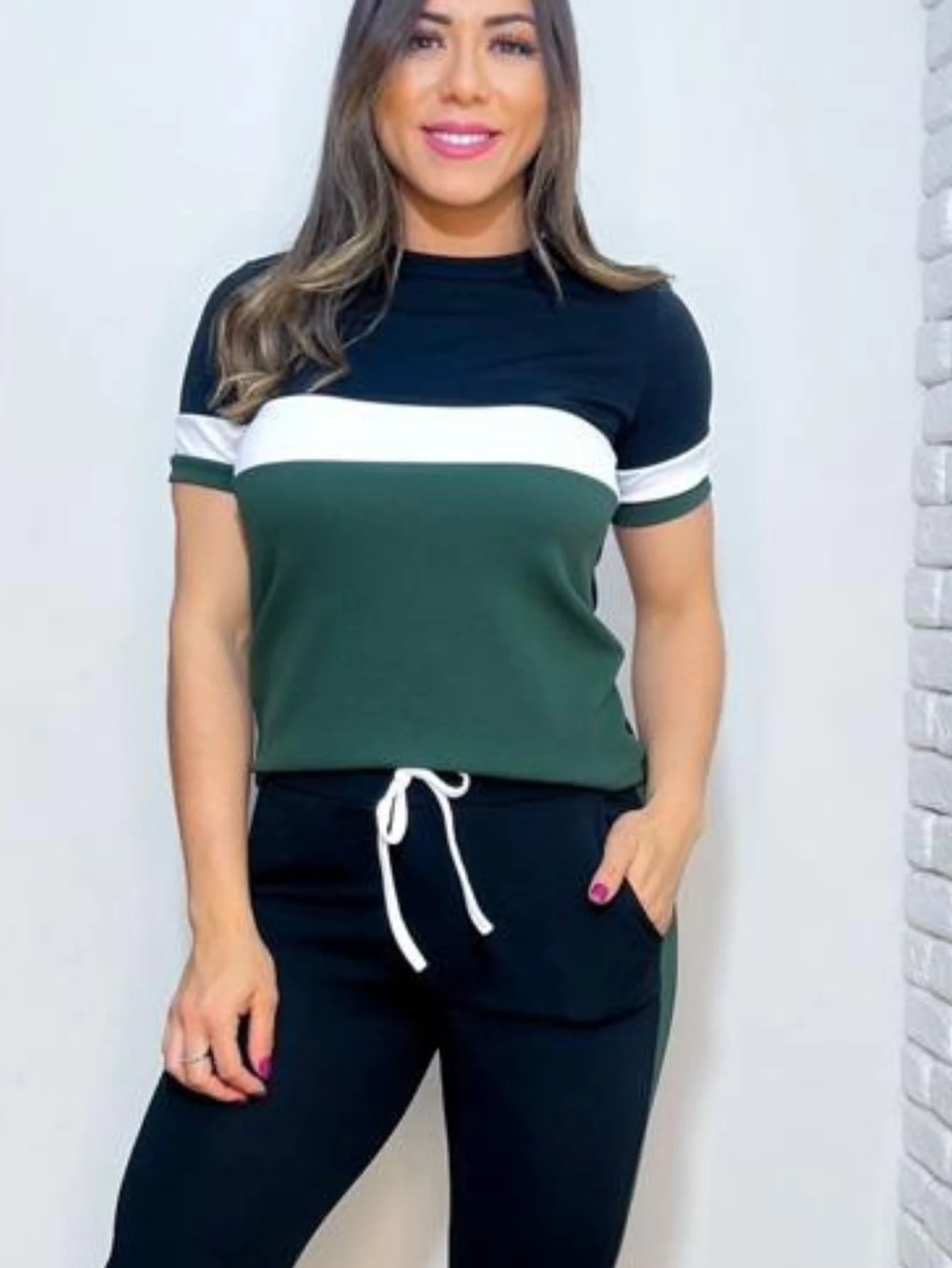 Women's Crepe Knit Set, Short Sleeve Babylook Blouse And Jogger Pants With Pockets - xanh quân đội - Xem 1