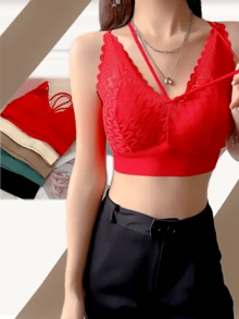 Women's Lace Crop Bralette - Red - View 5