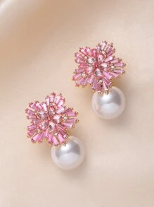 Andkiss 1 par de aretes con diseño de flor, decorados con perlas falsas y cristales para San Valentín, mamá, madre, Día de la Madre, regalo - Rosa - Ver 2
