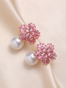 Andkiss 1 par de aretes con diseño de flor, decorados con perlas falsas y cristales para San Valentín, mamá, madre, Día de la Madre, regalo - Rosa - Ver 3