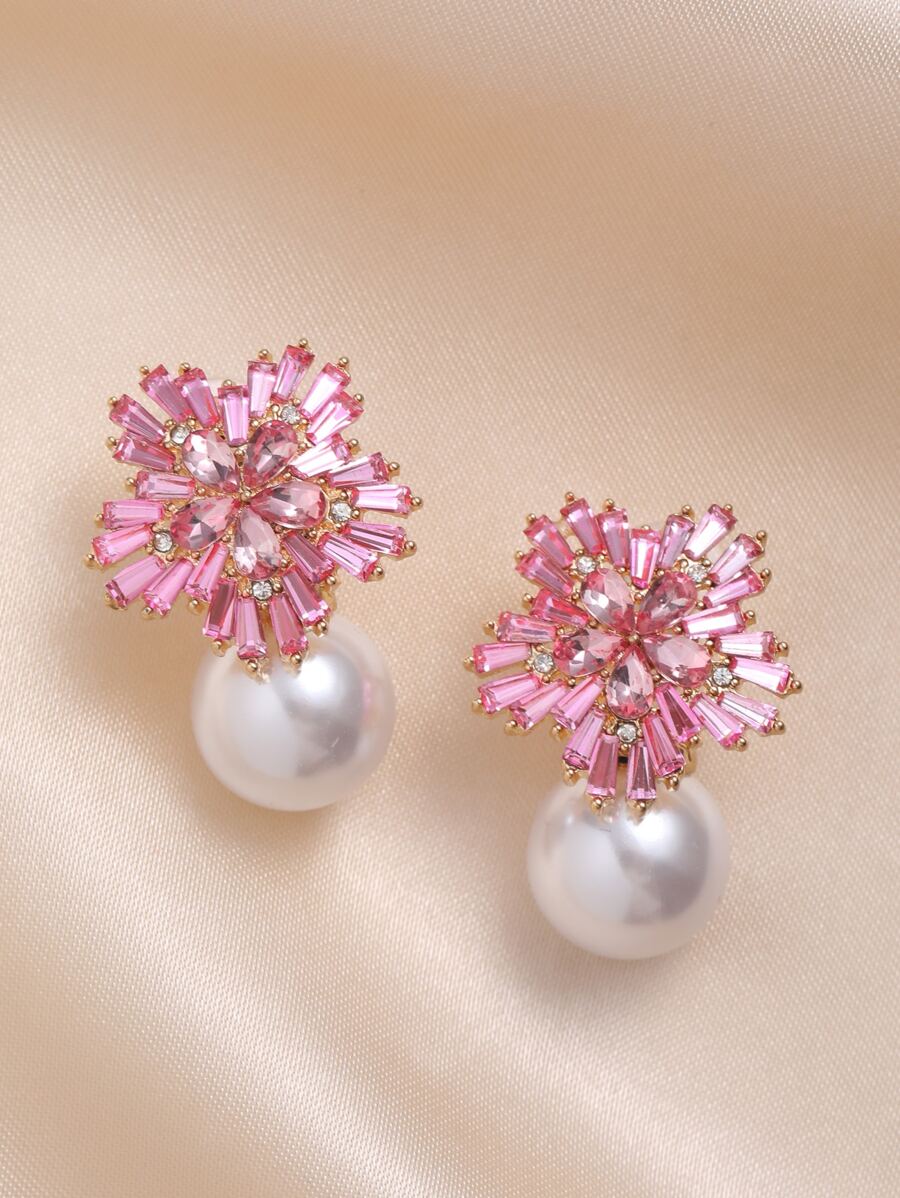 Andkiss 1 par de aretes con diseño de flor, decorados con perlas falsas y cristales para San Valentín, mamá, madre, Día de la Madre, regalo - Rosa - Ver 1