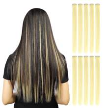 10 piezas/set Extensiones de cabello con clip de colores, mechones sintéticos vibrantes para festivales de música, fiestas de Halloween, mujeres - Beis - Ver 2