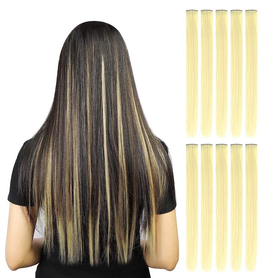 10 piezas/set Extensiones de cabello con clip de colores, mechones sintéticos vibrantes para festivales de música, fiestas de Halloween, mujeres