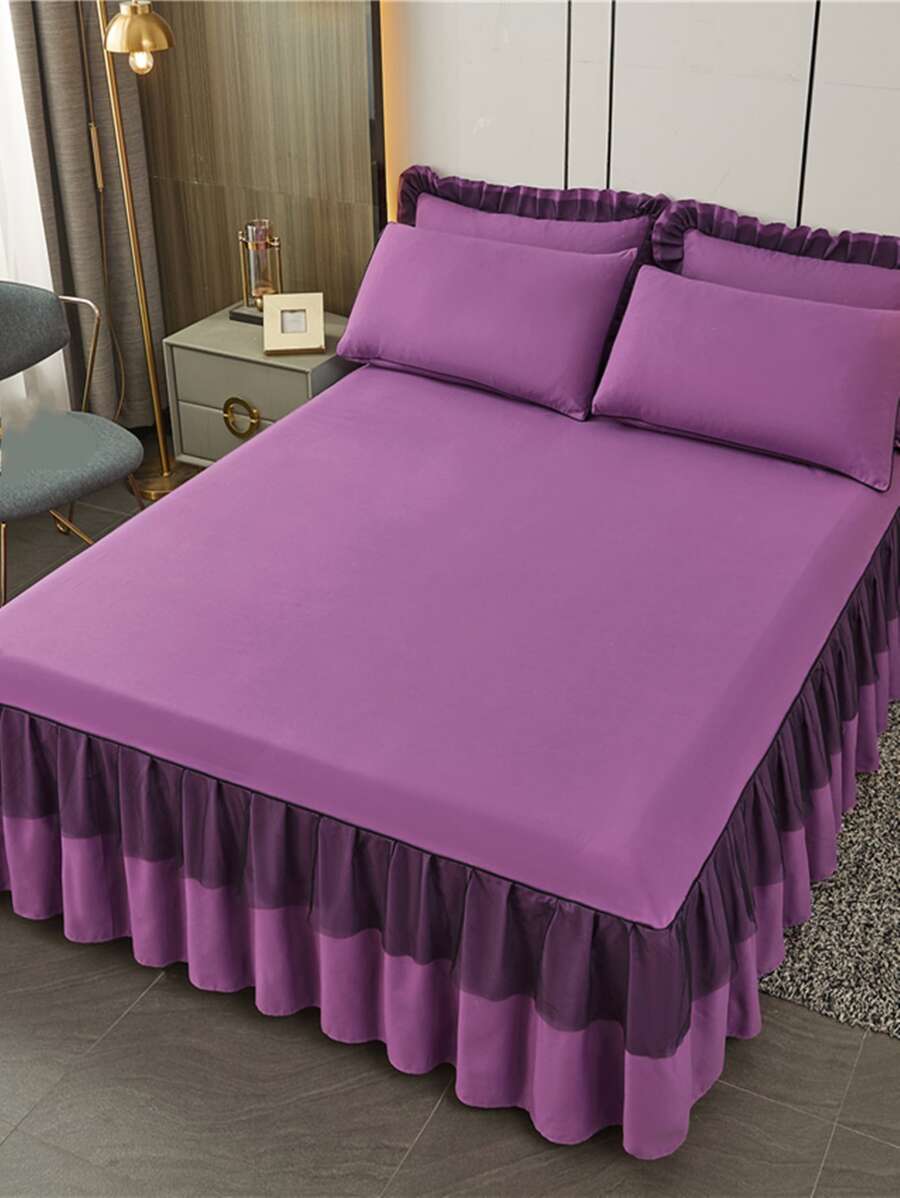 1pc Simple And Thickened Double-layer Bed Skirt With Lace For Single Or Double Bed, Solid Color - 198cm*203cm - Xem 1