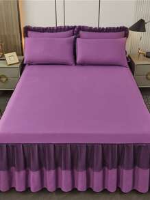 1pc Simple And Thickened Double-layer Bed Skirt With Lace For Single Or Double Bed, Solid Color - 198cm*203cm - Xem 2