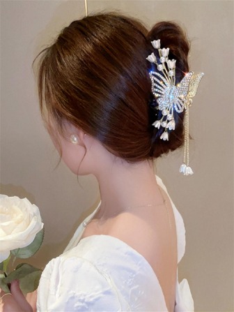 1 pieza Clip de pelo con mariposa dorada y flecos para mujer, para uso elegante en moda, diario y fiesta. Accesorio de pelo para vacaciones y atuendos de mujer en otoño e invierno