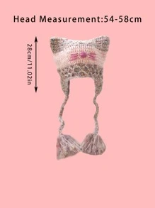 Y2K 可爱混色猫耳针织帽，适合女士，带有编织流苏和甜美蝴蝶/条纹/魔鬼图案，可爱的刺绣装饰，个性化的耳朵保护设计，迷人的脸型，以及舒适的针织材料冬季秋季 - 粉色 - 查看 4