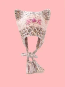 Y2K 可爱混色猫耳针织帽，适合女士，带有编织流苏和甜美蝴蝶/条纹/魔鬼图案，可爱的刺绣装饰，个性化的耳朵保护设计，迷人的脸型，以及舒适的针织材料冬季秋季 - 粉色 - 查看 3
