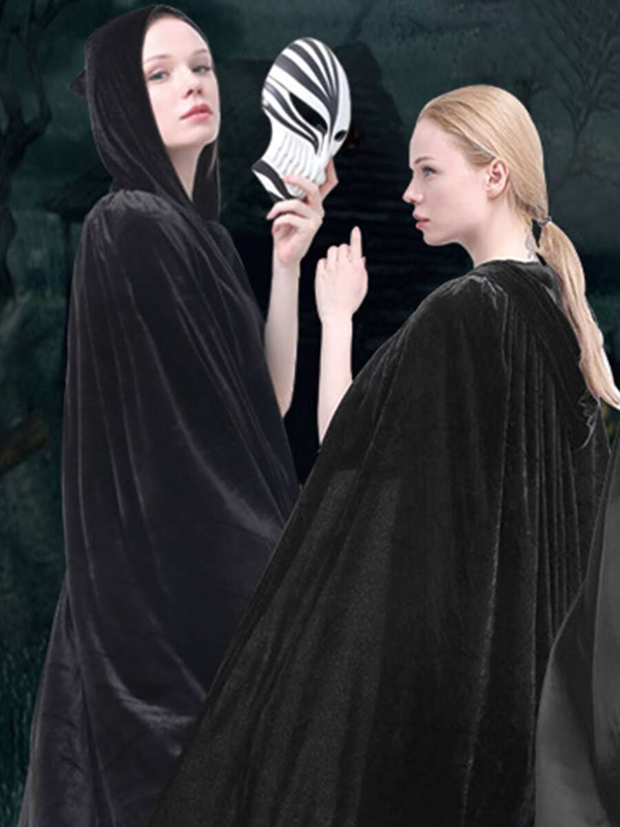 Disfraz Cosplay Capa Con Capucha De Bruja Vampiro Unicolor Vestido Abrigo De Halloween 170 CM - Negro - Ver 1