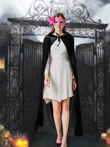 Disfraz Cosplay Capa Con Capucha De Bruja Vampiro Unicolor Vestido Abrigo De Halloween 170 CM - Negro - Ver 2