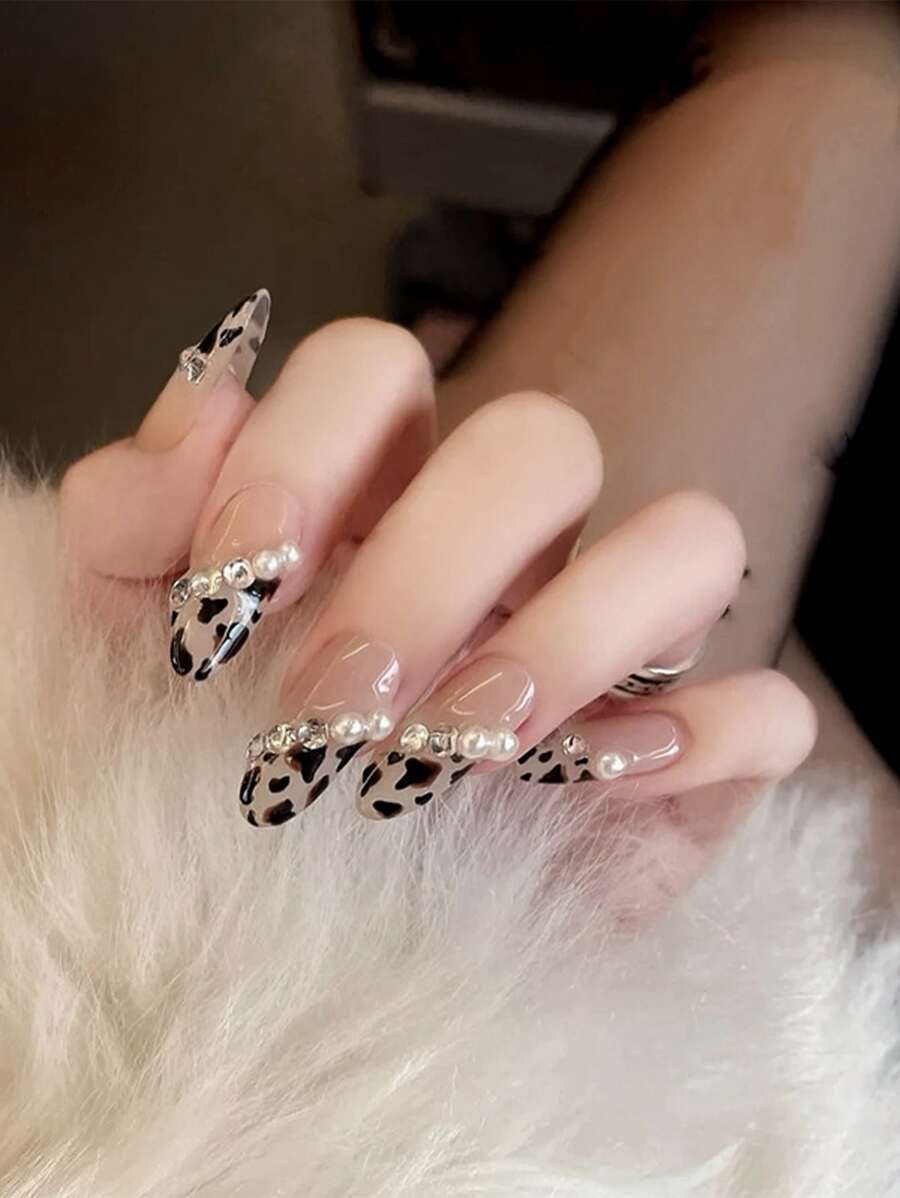 24pcs/Box High-End Flashing Leopard Print Faux Pearl False Nails Long Nails Press On Nails Nail Supplies - Multicolor - View 1