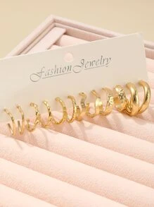 6pairs/set Heart Shape & Geometric Design Hoop Earrings, Ins Style Minimalist Earrings Set - Yellow - View 1