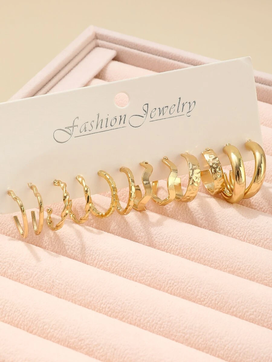 6pairs/set Heart Shape & Geometric Design Hoop Earrings, Ins Style Minimalist Earrings Set - Yellow - View 1