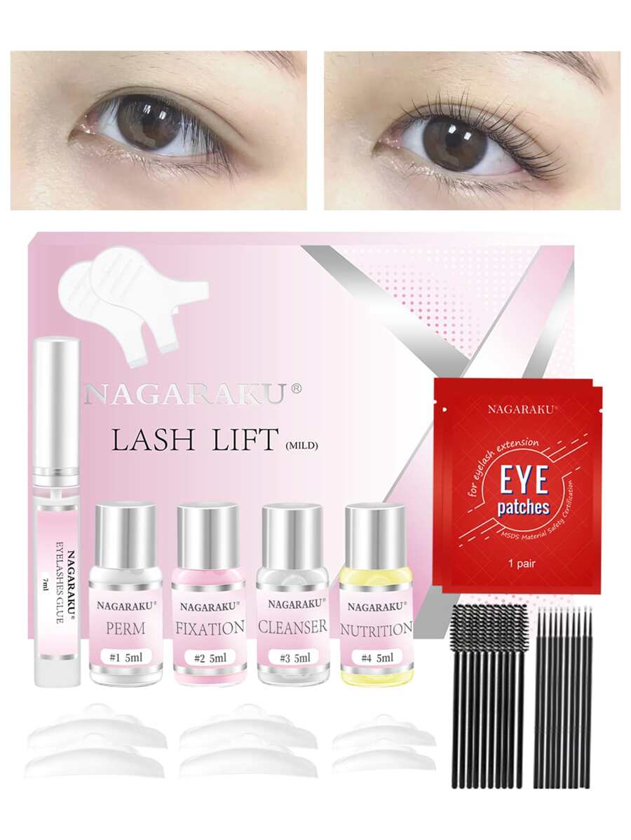 NAGARAKU 睫毛延長提升套件捲曲工具提升5眼睛2對畫筆23套裝包裹化妝工具睫毛強化溫和的粉色的適用於局部女性 - 無色 - 查看 1