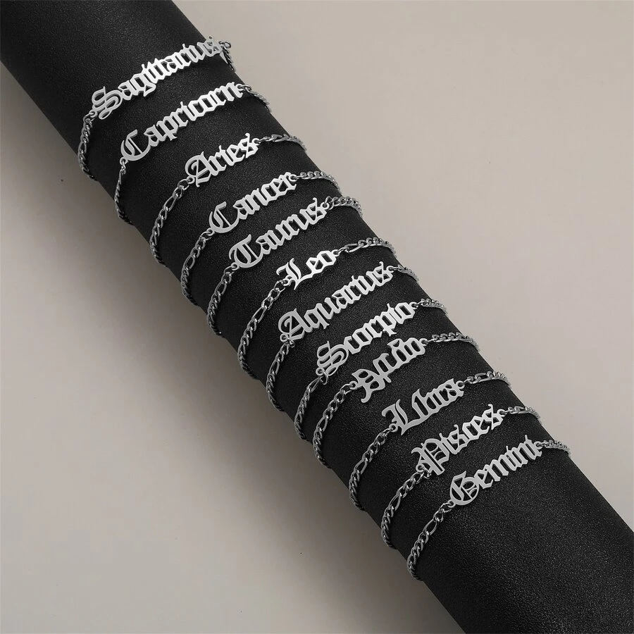 1條十二星座老式英文字母手鏈,男孩日常穿戴不鏽鋼金/銀色figaro鏈手鐲,適用於男士珠寶禮物 - 銀色 - 查看 1