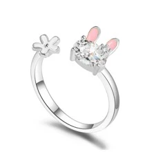 1pc Japanese & Korean Style Lovely Rabbit Ring For Women, Sweet Flower Design Index Finger Ring - Silver - View 1