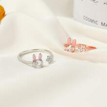 1pc Japanese & Korean Style Lovely Rabbit Ring For Women, Sweet Flower Design Index Finger Ring - Silver - View 2