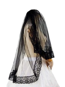 1入組黑色雙層網紗頭紗帶蕾絲邊,完美適合婚禮&派對裝飾用品頭飾 - 黑色 - 查看 5