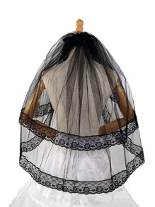 1入組黑色雙層網紗頭紗帶蕾絲邊,完美適合婚禮&派對裝飾用品頭飾 - 黑色 - 查看 1