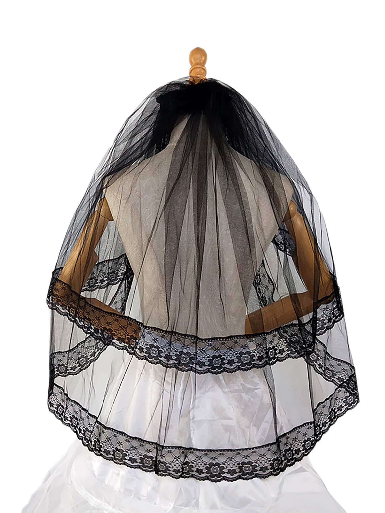 1入組黑色雙層網紗頭紗帶蕾絲邊,完美適合婚禮&派對裝飾用品頭飾 - 黑色 - 查看 1