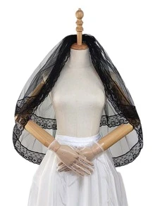 1入組黑色雙層網紗頭紗帶蕾絲邊,完美適合婚禮&派對裝飾用品頭飾 - 黑色 - 查看 2