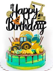 1pc Excavator Themed Happy Birthday Cake Topper Paper Card Party Decoration