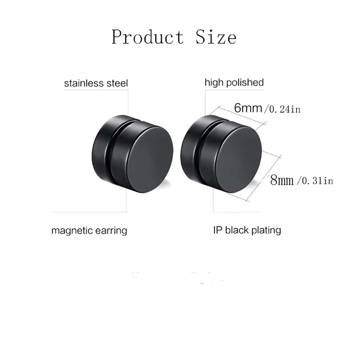 2對316L不銹鋼磁性耳環適合男士女性,穿孔耳環,假計量器耳環耳釘,刺穿耳環,夾式耳環,低過敏性 - 黑色 - 查看 5