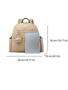 1pc Khaki Waterproof Pu Multi-functional Diaper Backpack With Pacifier Case, Can Be Hung On Stroller - Khaki - View 3