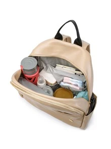 1pc Khaki Waterproof Pu Multi-functional Diaper Backpack With Pacifier Case, Can Be Hung On Stroller - Khaki - View 9