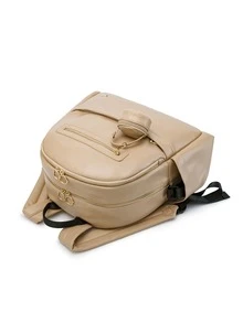 1pc Khaki Waterproof Pu Multi-functional Diaper Backpack With Pacifier Case, Can Be Hung On Stroller - Khaki - View 2