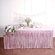 1pc 75*275cm Pink Beaded Curtain Table Skirt, Wedding Birthday Party Holiday Dessert Table Decor, Graduation Event Table Decoration - Pink - View 2