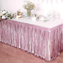 1pc 75*275cm Pink Beaded Curtain Table Skirt, Wedding Birthday Party Holiday Dessert Table Decor, Graduation Event Table Decoration - Pink - View 3
