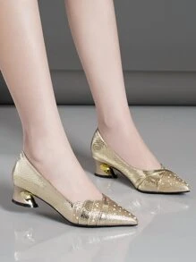 Women High Heel Casual Platform Pointy Toe Diamond Studded Pump Shoes, Champagne/Gold/Silver/Black, Fashion Women Footwear