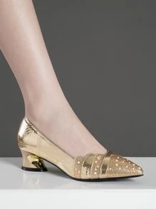 Women High Heel Casual Platform Pointy Toe Diamond Studded Pump Shoes, Champagne/Gold/Silver/Black, Fashion Women Footwear