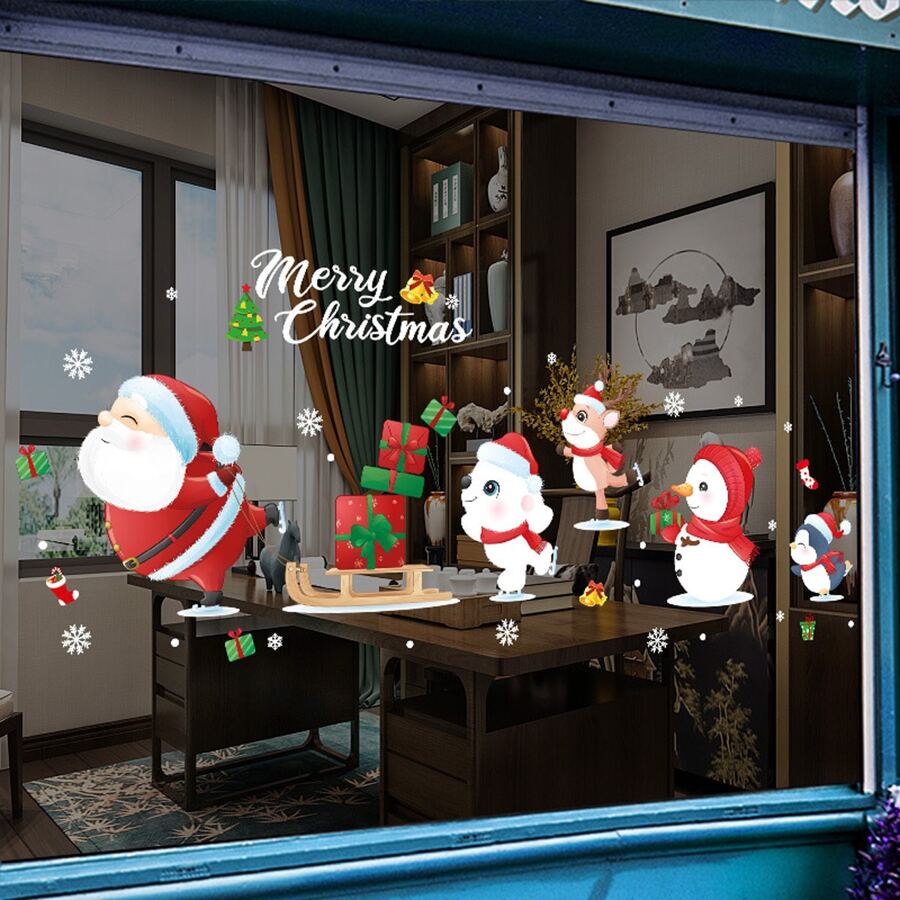 1set/2pcs Christmas Cartoon Santa Claus Glass Door And Window Decoration Stickers For Shop Display And Wall Decor - Multicolor - View 1
