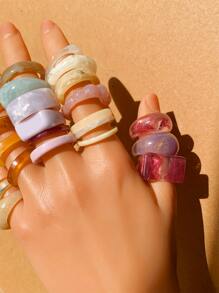 CHOSHILAR 25pcs/Set Creative Resin Rings Set, Mixed Asymmetrical Shapes & Patterns, Transparent, Bold Band