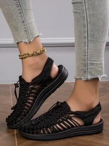 Fashionable And Simple Woven Casual Sandals For Men And Women - Black - View 1