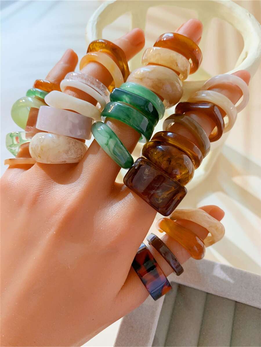 CHOSHILAR Bộ 30 chiếc/Bộ nhẫn nhựa nhuộm loang rộng không đối xứng hở bất đối xứng